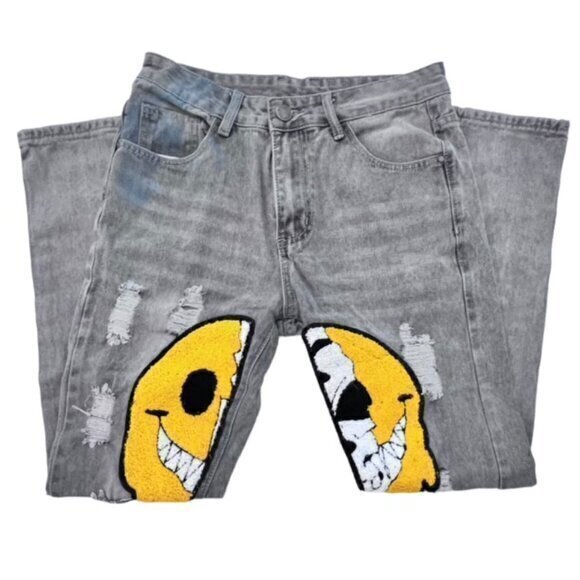 🎉SALE🎉 Distressed Denim Jeans Cartoon Graphic‎ Smiley Face Skull Streetwear 30 - Picture 10 of 14